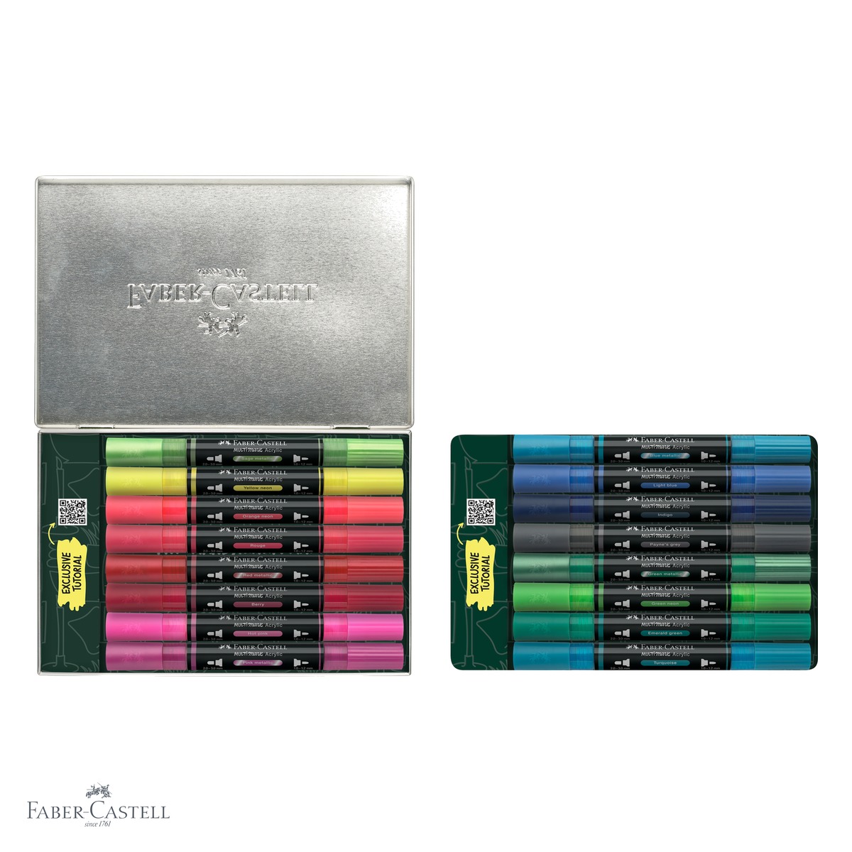 Set 16 markere acrilice Faber-Castell Multimark, varf dublu, cutie metal, pentru diverse suprafete [4]