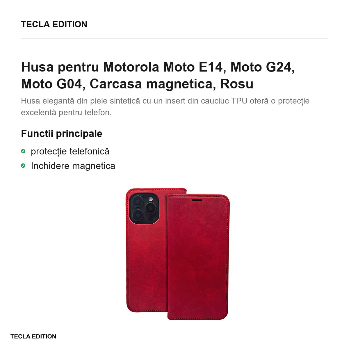 Husa Smart Suede pentru Motorola Moto E14, Moto G24, Moto G04, tip carte cu inchidere magnetica, Rosu [2]