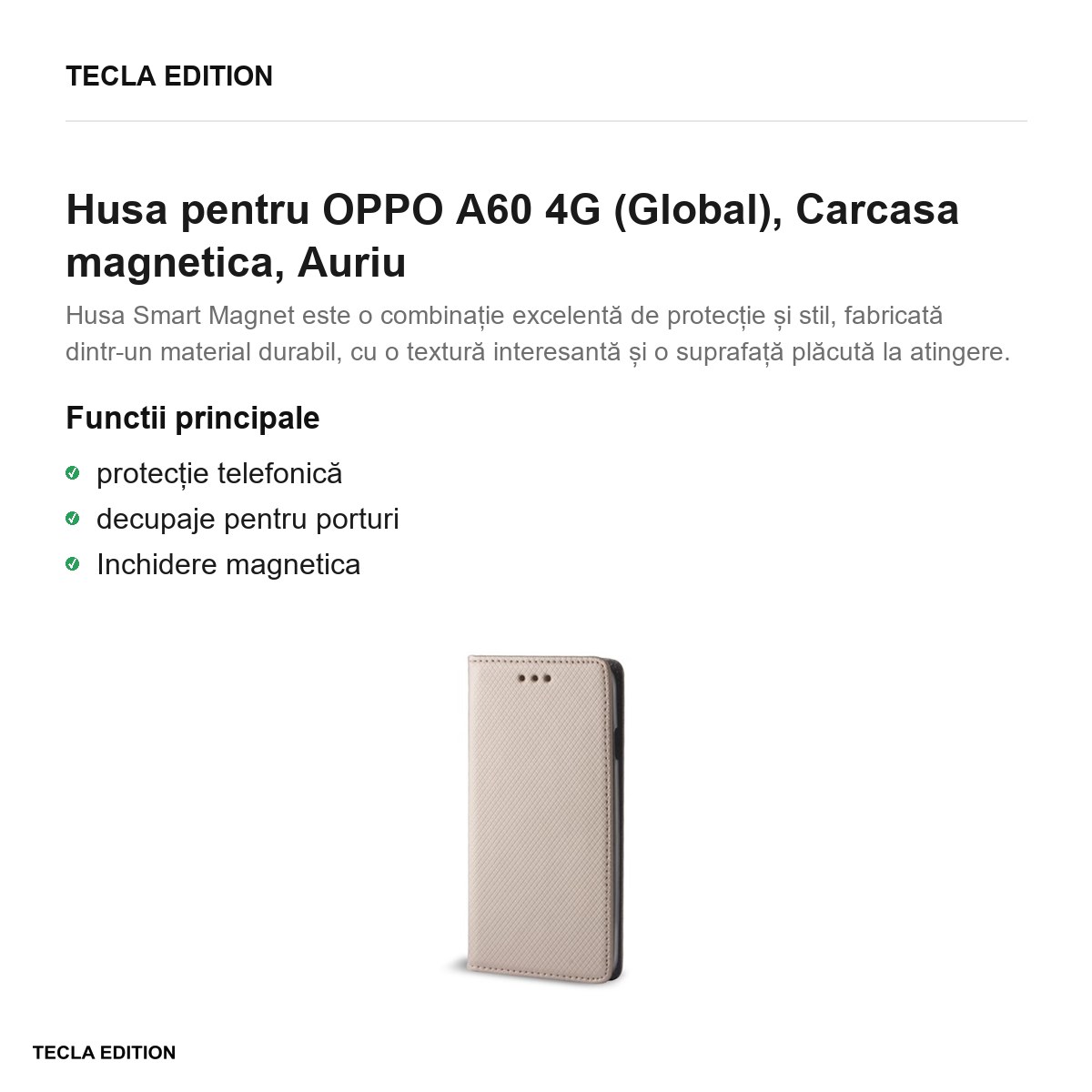 Husa Smart Magnet pentru OPPO A60 4G (Global), tip carte cu inchidere magnetica, Auriu [2]