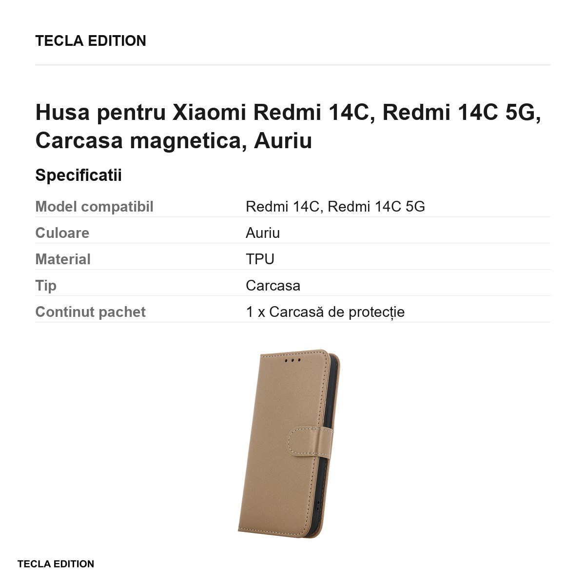 Husa Smart Classic pentru Xiaomi Redmi 14C, Redmi 14C 5G, tip carte cu inchidere magnetica, Auriu [3]