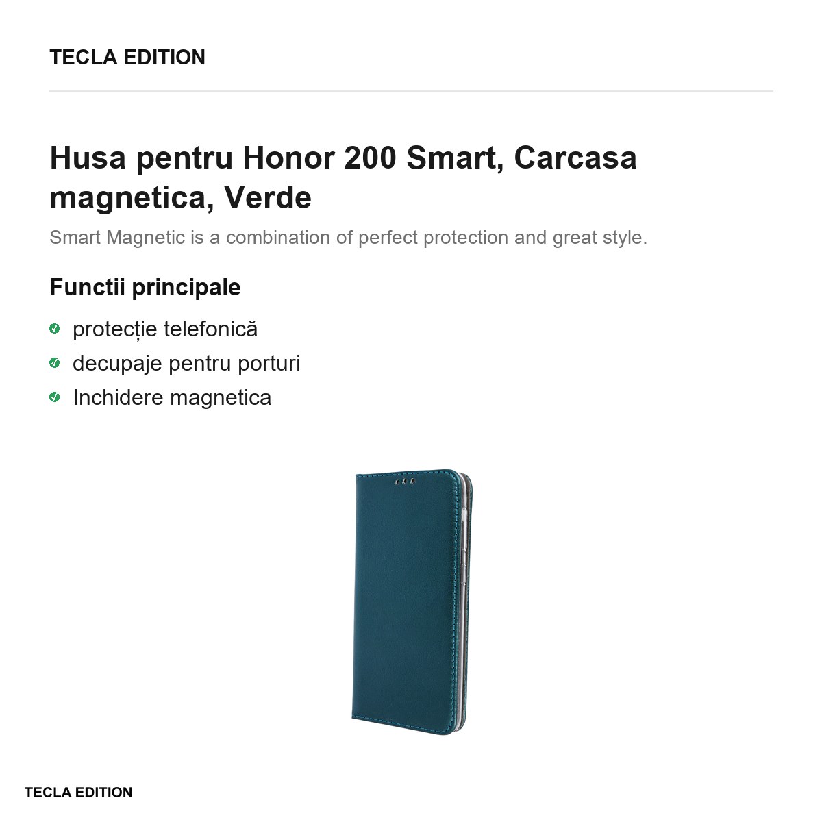 Husa Smart Magnetic pentru Honor 200 Smart, tip carte cu inchidere magnetica, Verde [2]