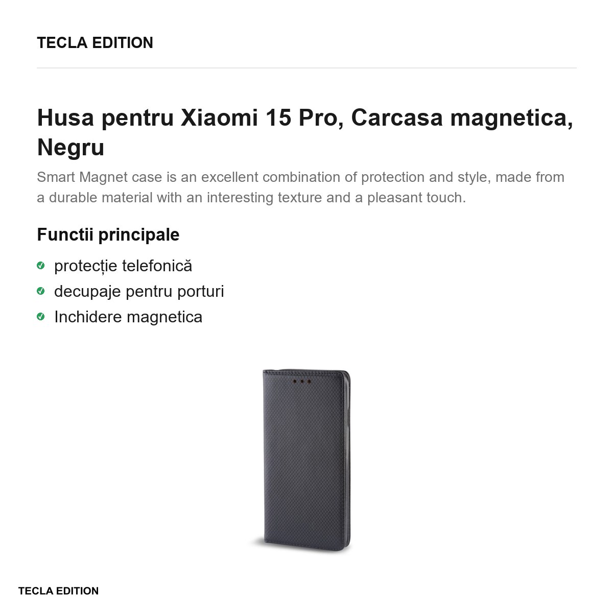Husa Smart Magnet pentru Xiaomi 15 Pro, tip carte cu inchidere magnetica, Negru [2]