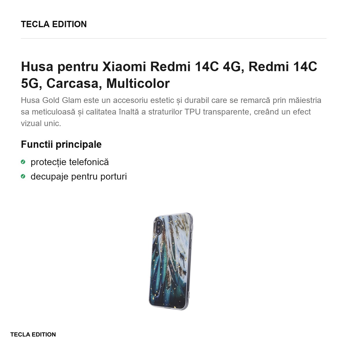 Husa Gold Glam feathers pentru Xiaomi Redmi 14C 4G, Redmi 14C 5G, Carcasa, Multicolor [2]