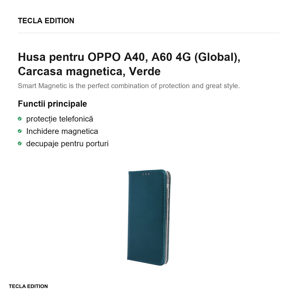 Husa Smart Magnetic pentru OPPO A40, A60 4G (Global), tip carte cu inchidere magnetica, Verde [2]