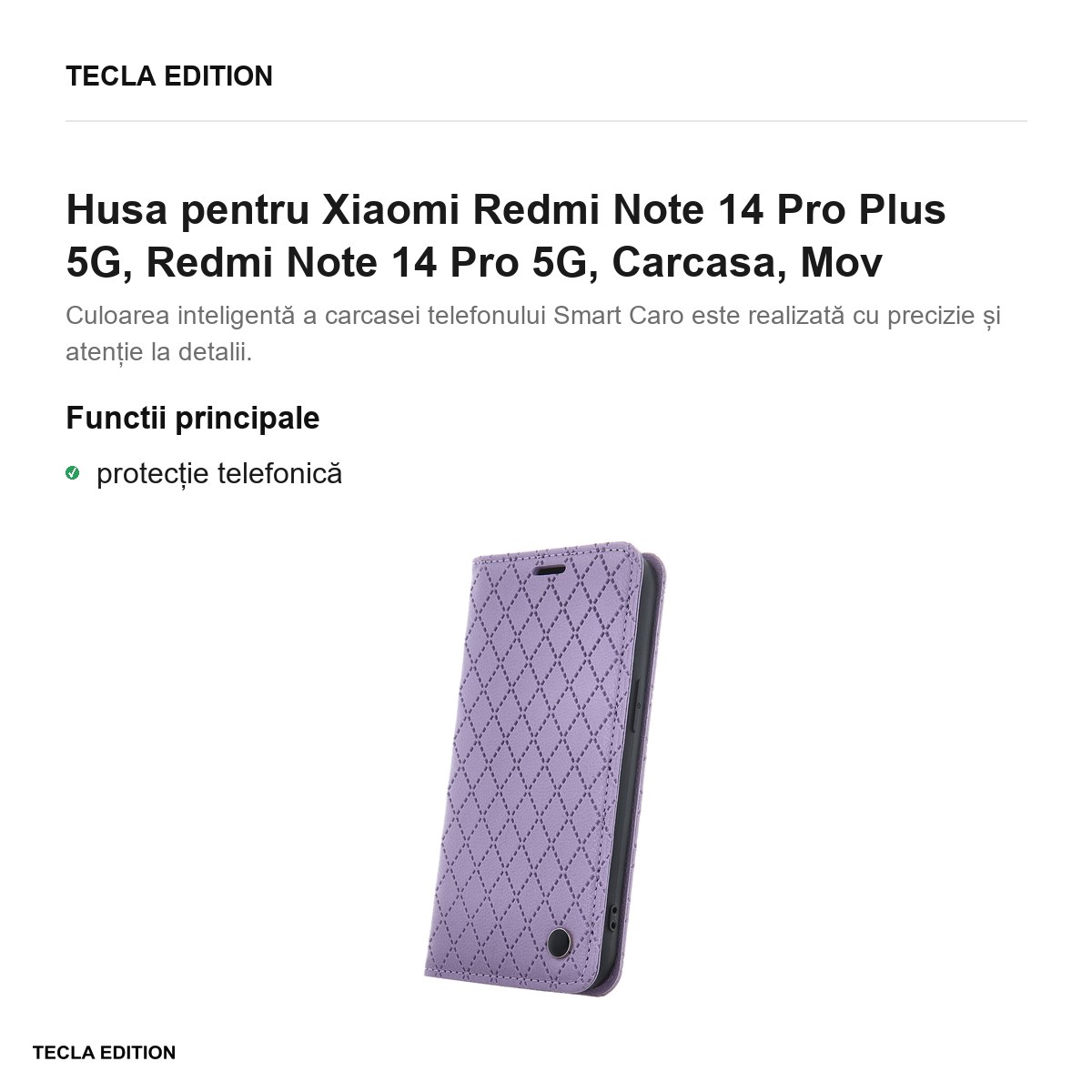 Husa Smart Caro pentru Xiaomi Redmi Note 14 Pro Plus 5G, Redmi Note 14 Pro 5G, tip carte, Mov [2]