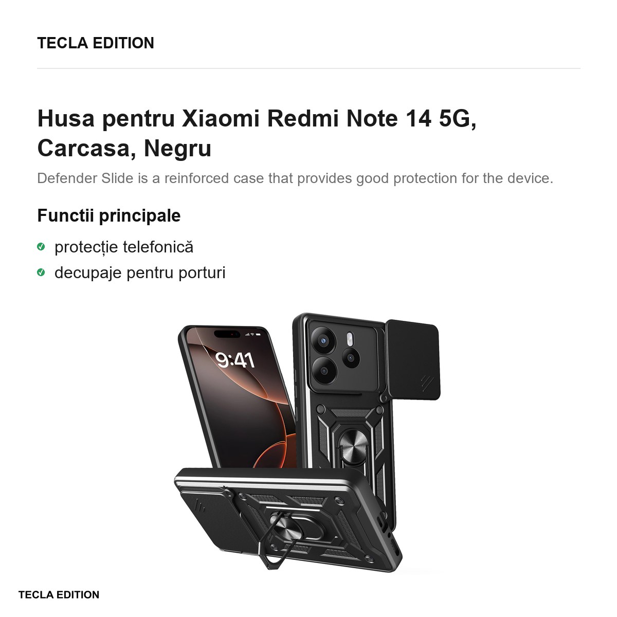 Husa Defender Slide pentru Xiaomi Redmi Note 14 5G, Carcasa, Negru [2]