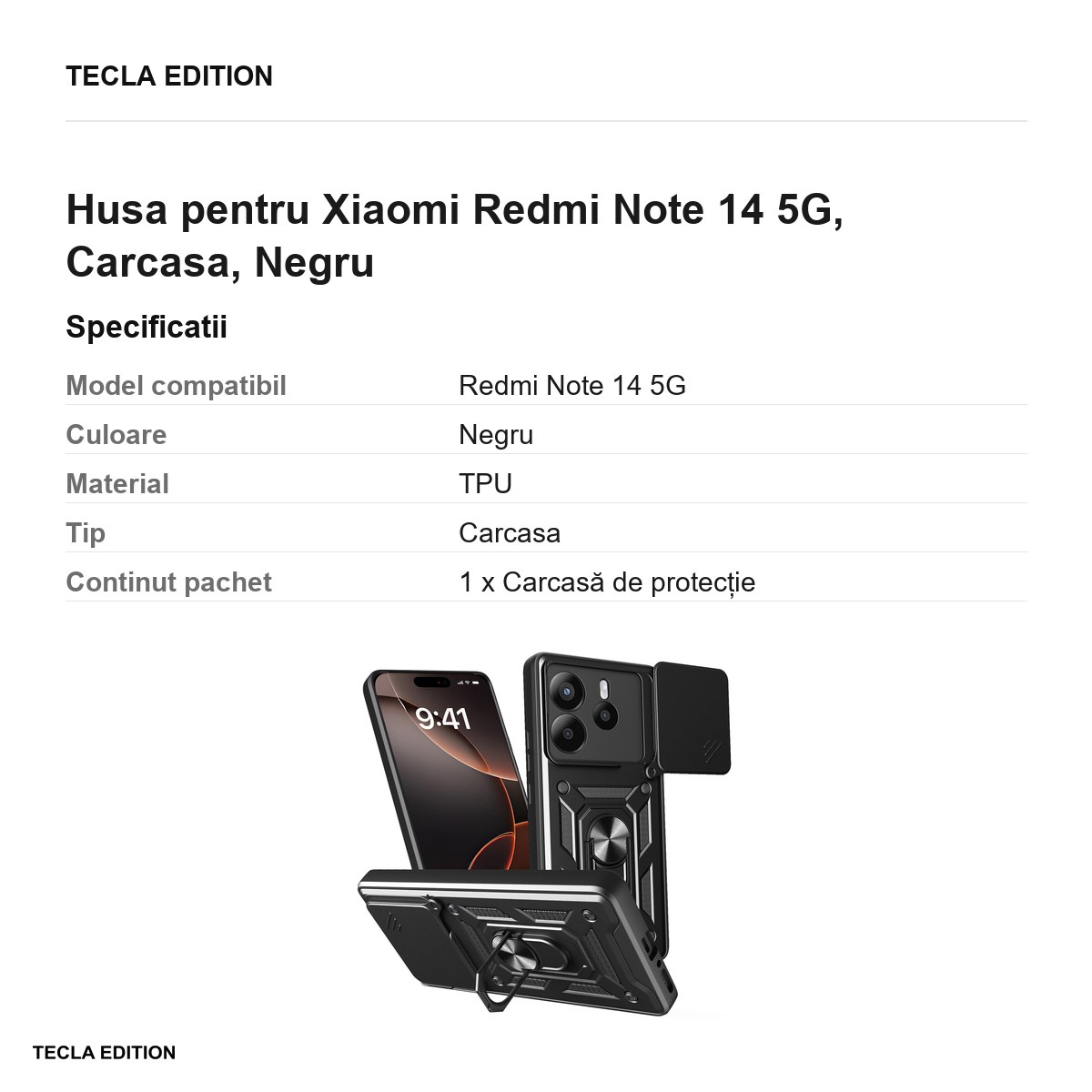 Husa Defender Slide pentru Xiaomi Redmi Note 14 5G, Carcasa, Negru [3]
