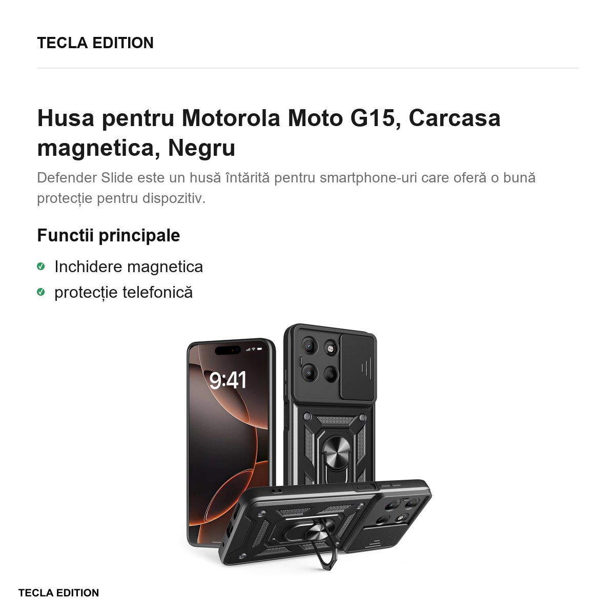 Husa Defender Slide pentru Motorola Moto G15, Carcasa magnetica, Negru [2]