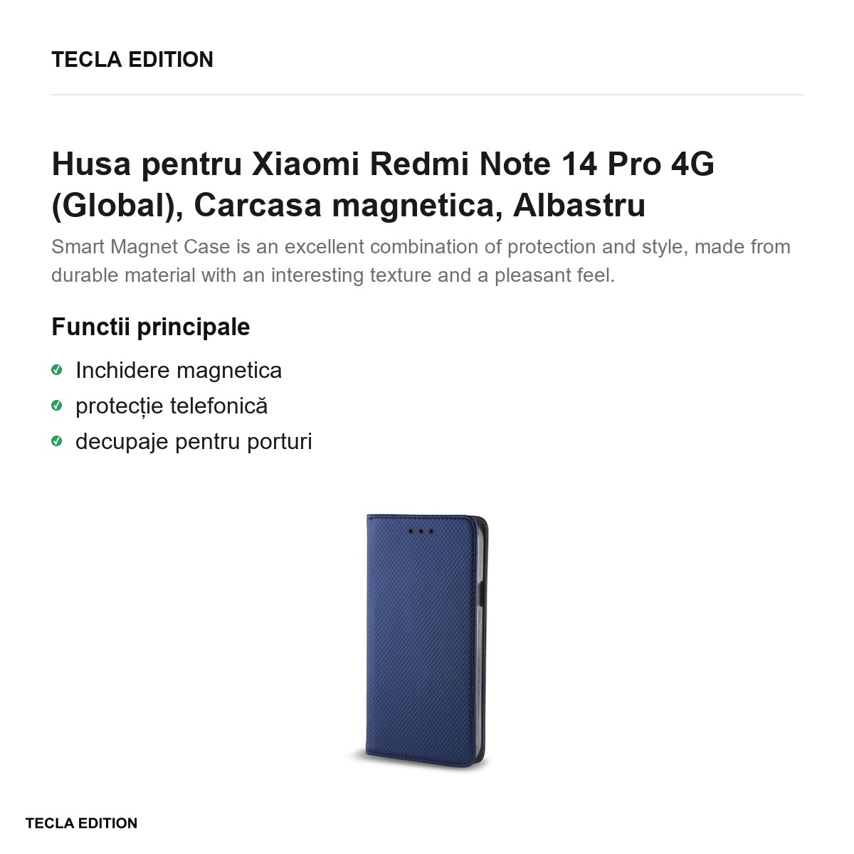 Husa Smart Magnet pentru Xiaomi Redmi Note 14 Pro 4G (Global), tip carte cu inchidere magnetica, Albastru [2]
