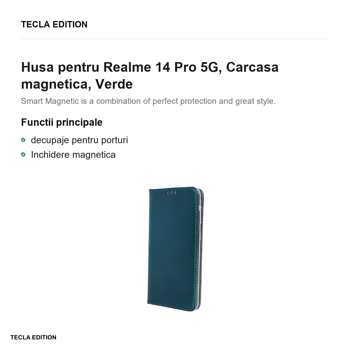 Husa Smart Magnetic pentru Realme 14 Pro 5G, tip carte cu inchidere magnetica, Verde [2]