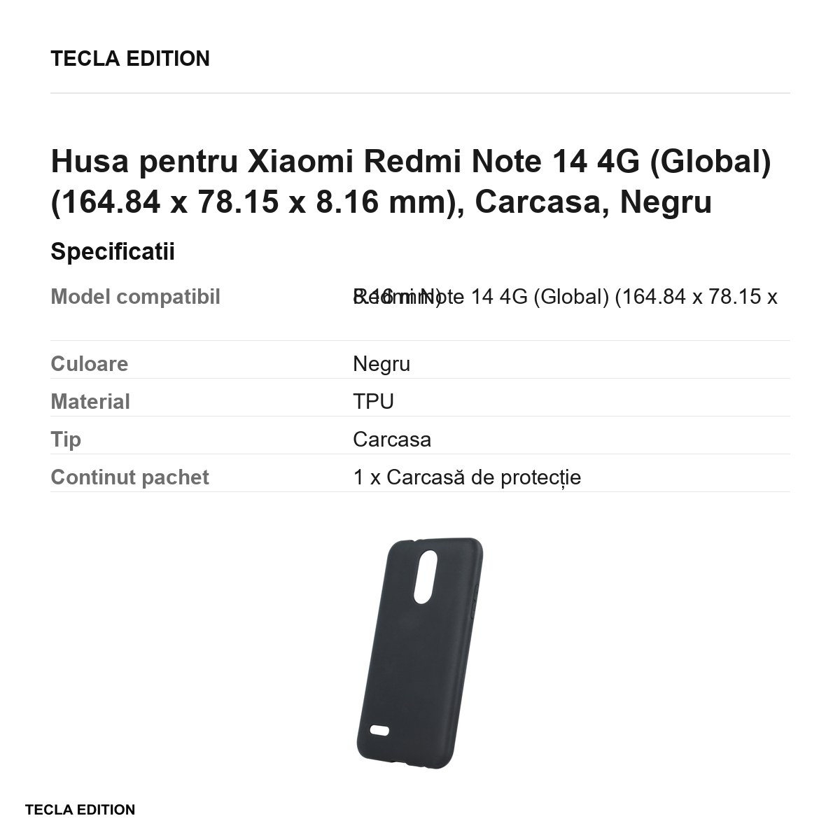 Husa Matt TPU pentru Xiaomi Redmi Note 14 4G (Global), Carcasa, Negru [3]
