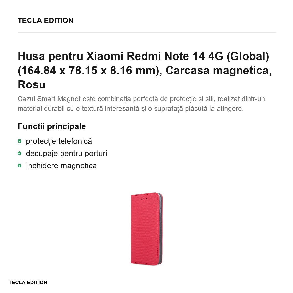 Husa Smart Magnet pentru Xiaomi Redmi Note 14 4G (Global), tip carte cu inchidere magnetica, Rosu [2]
