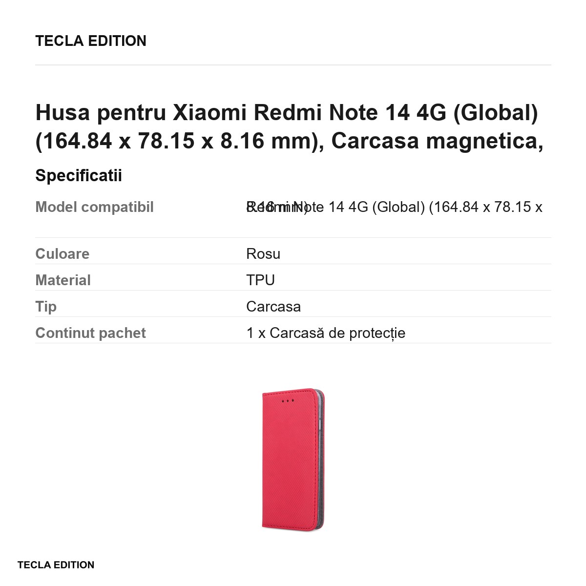 Husa Smart Magnet pentru Xiaomi Redmi Note 14 4G (Global), tip carte cu inchidere magnetica, Rosu [3]