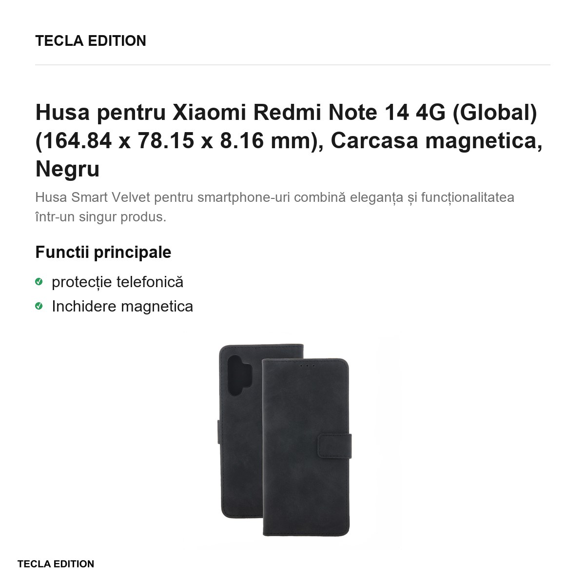 Husa Smart Velvet pentru Xiaomi Redmi Note 14 4G (Global), tip carte cu inchidere magnetica, Negru [2]