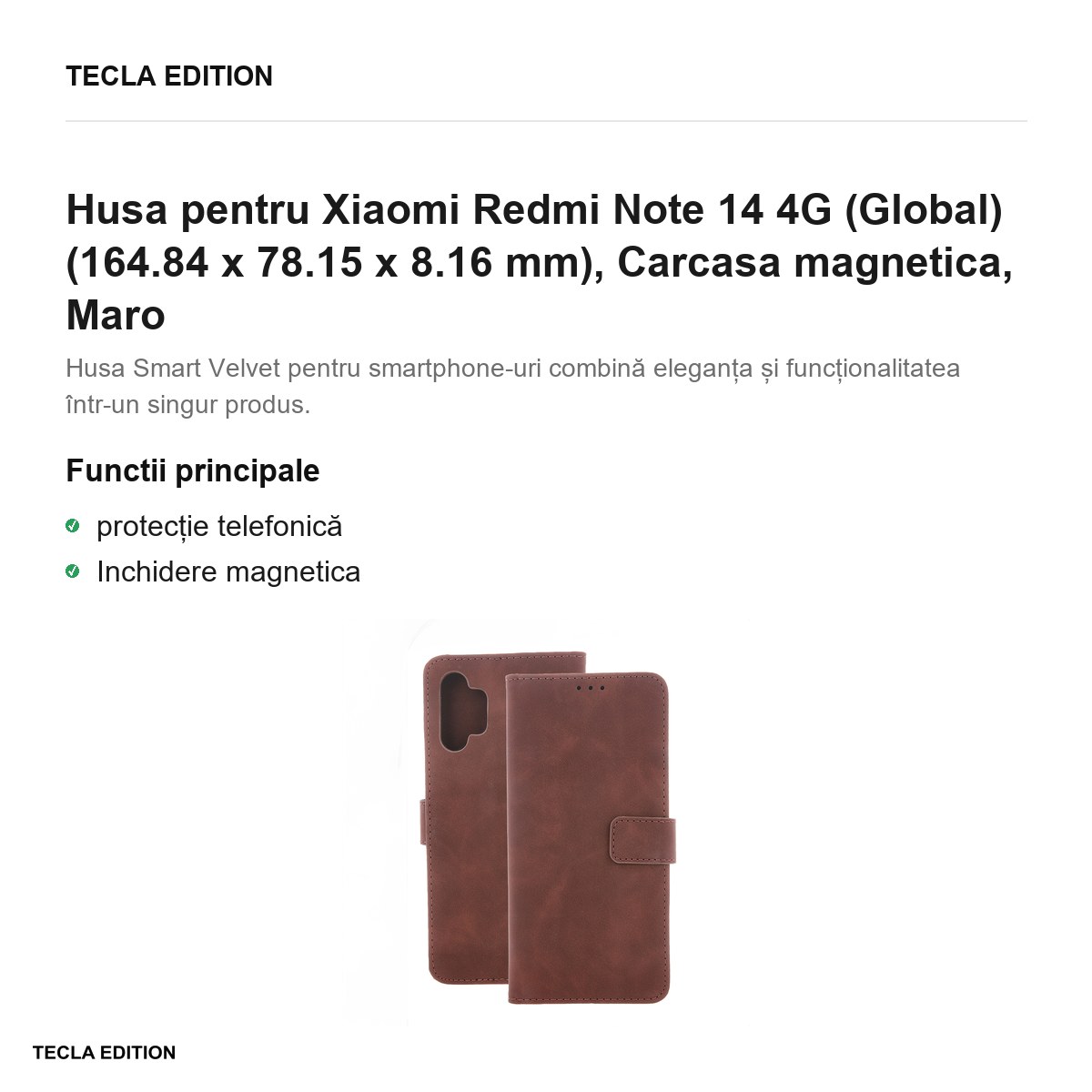 Husa Smart Velvet pentru Xiaomi Redmi Note 14 4G (Global), tip carte cu inchidere magnetica, Maro [2]