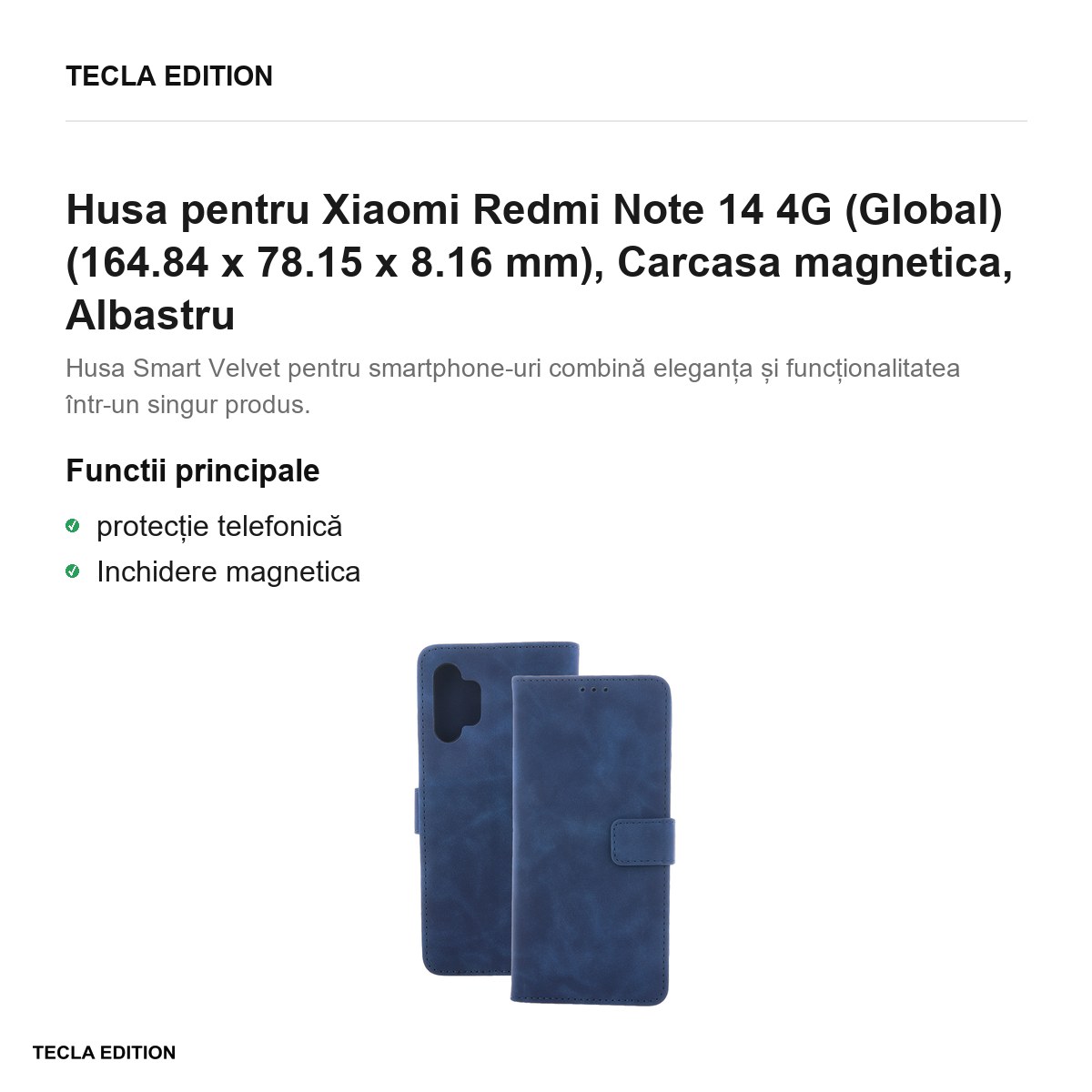 Husa Smart Velvet pentru Xiaomi Redmi Note 14 4G (Global), tip carte cu inchidere magnetica, Albastru [2]