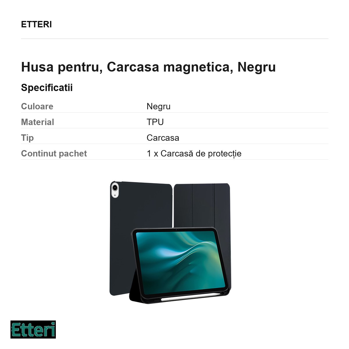 Husa Etteri pentru Apple iPad Air 10.9 (gen 4/5), Carcasa magnetica, Negru [5]