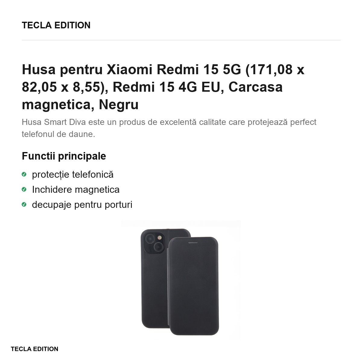 Husa Smart Diva pentru Xiaomi Redmi 15 5G, Redmi 15 4G EU, tip carte cu inchidere magnetica, Negru [2]