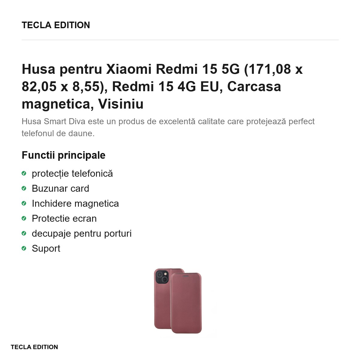 Husa Smart Diva pentru Xiaomi Redmi 15 5G, Redmi 15 4G EU, tip carte cu inchidere magnetica, Visiniu [2]