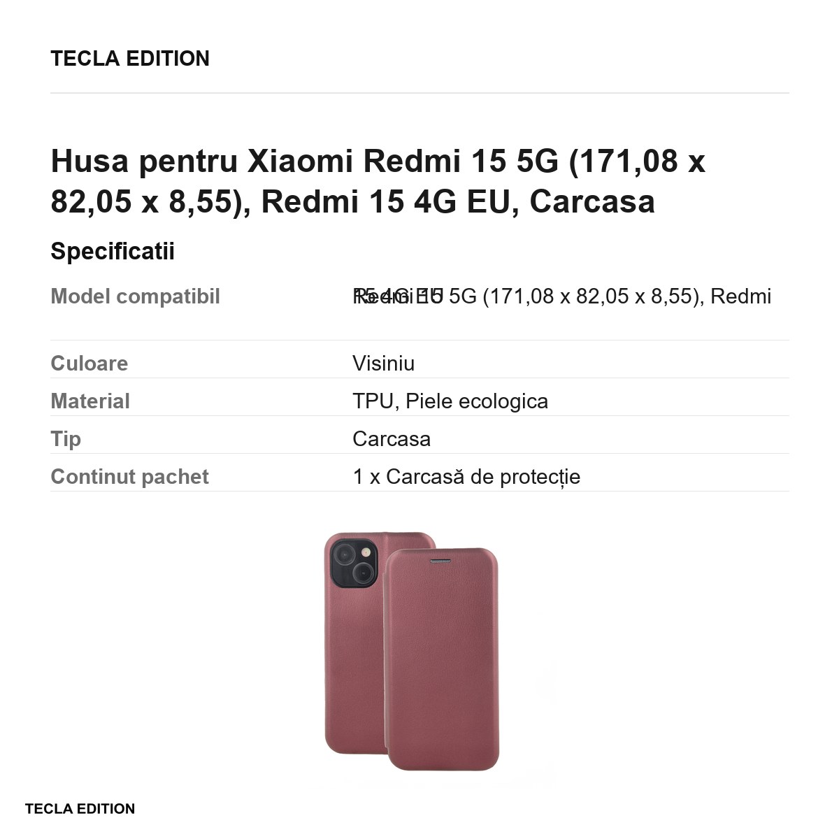 Husa Smart Diva pentru Xiaomi Redmi 15 5G, Redmi 15 4G EU, tip carte cu inchidere magnetica, Visiniu [3]
