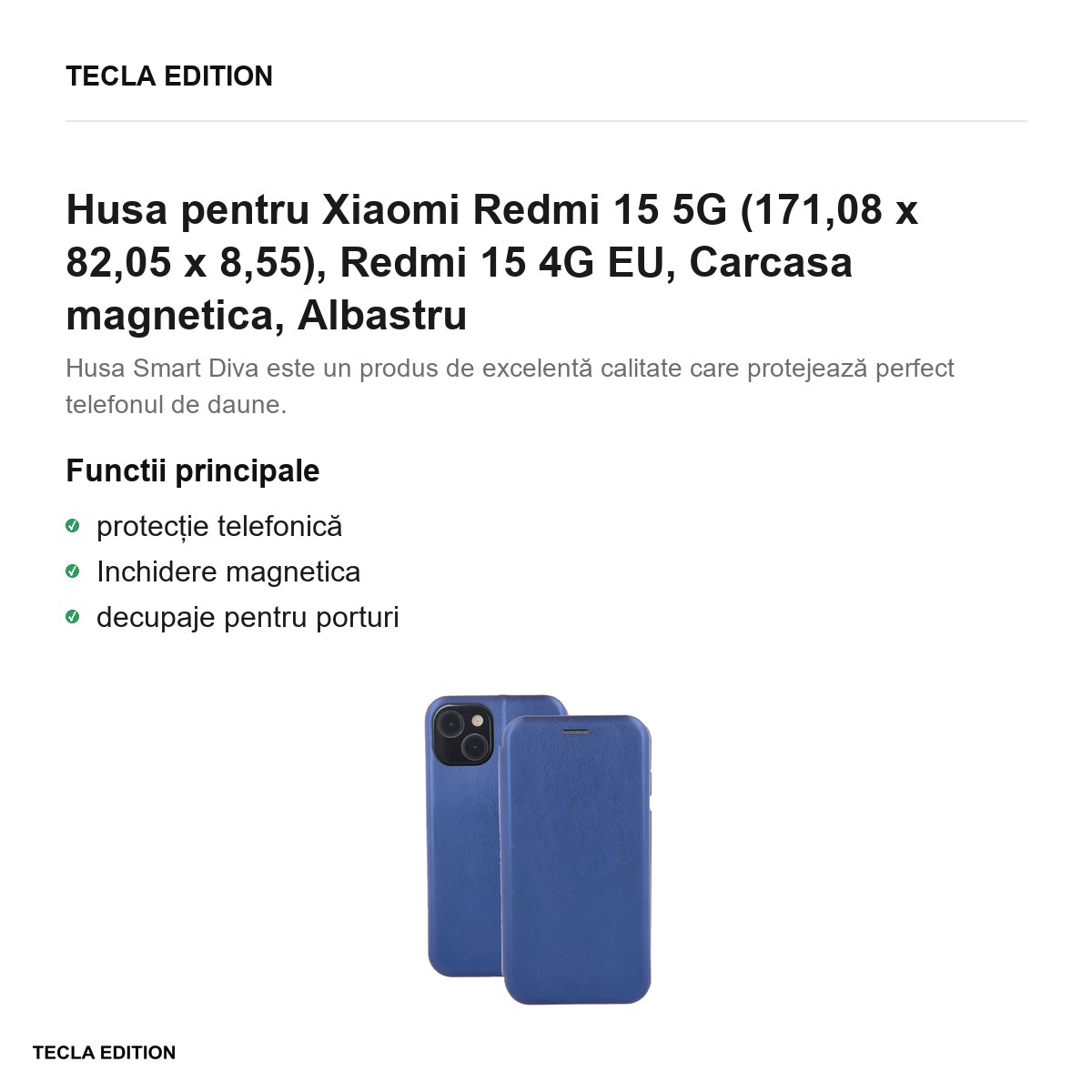 Husa Smart Diva pentru Xiaomi Redmi 15 5G, Redmi 15 4G EU, tip carte cu inchidere magnetica, Albastru [2]