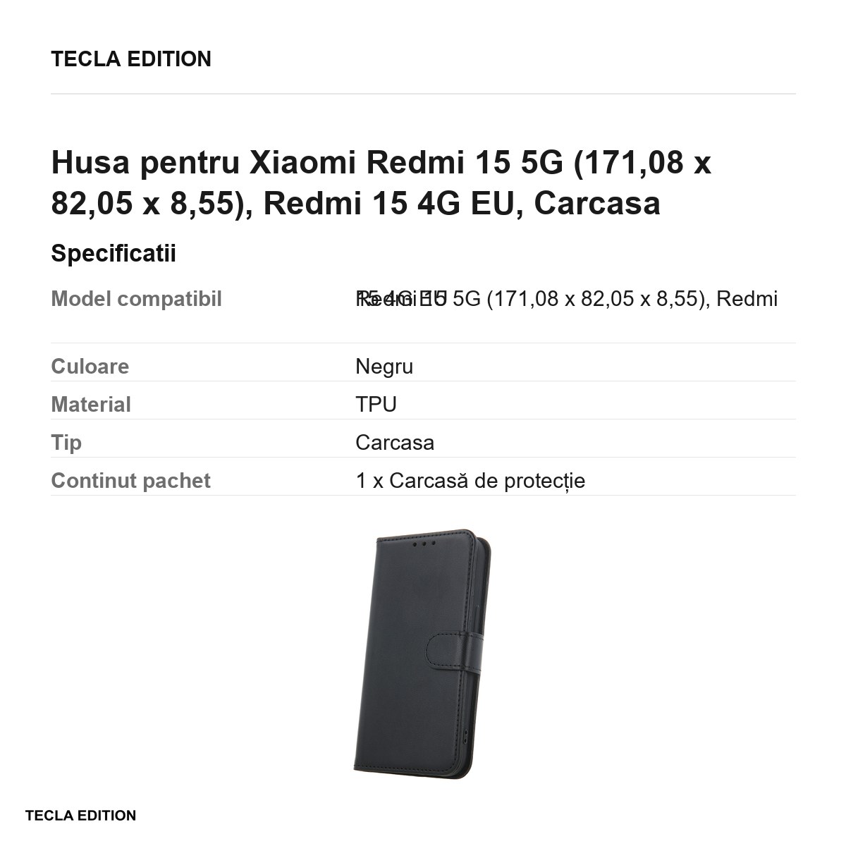 Husa Smart Classic pentru Xiaomi Redmi 15 5G, Redmi 15 4G EU, tip carte cu inchidere magnetica, Negru [3]