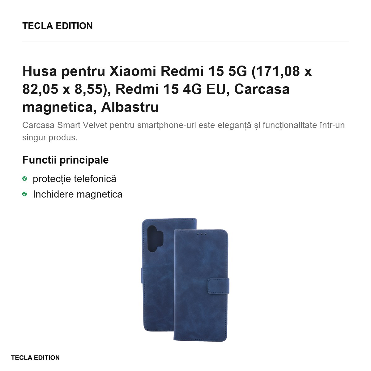Husa Smart Velvet pentru Xiaomi Redmi 15 5G, Redmi 15 4G EU, tip carte cu inchidere magnetica, Albastru [2]