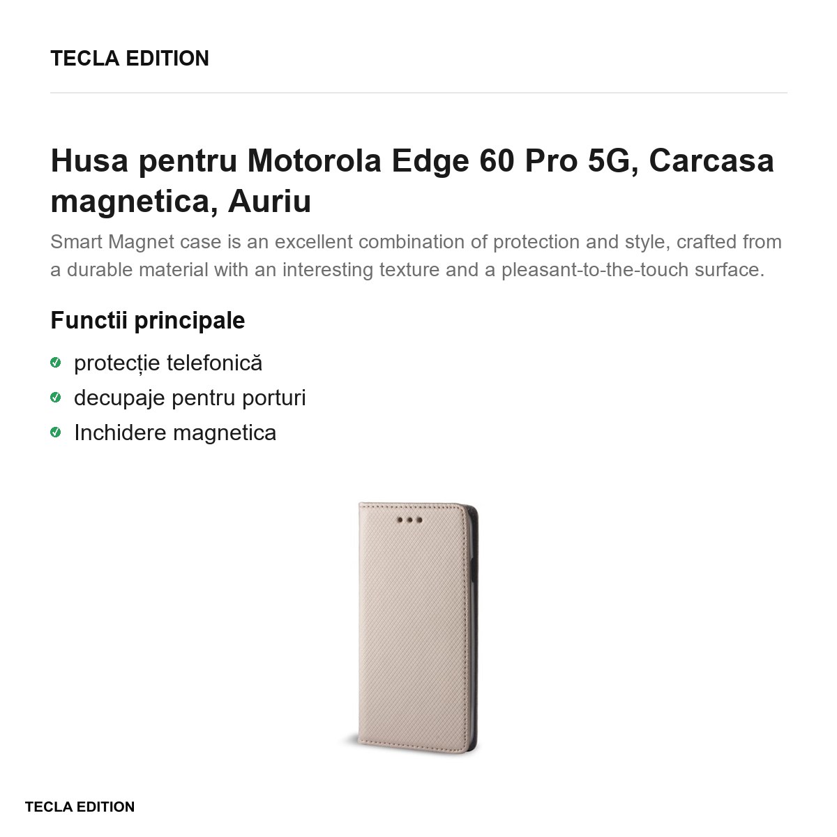Husa Smart Magnet pentru Motorola Edge 60 Pro 5G, tip carte cu inchidere magnetica, Auriu [2]