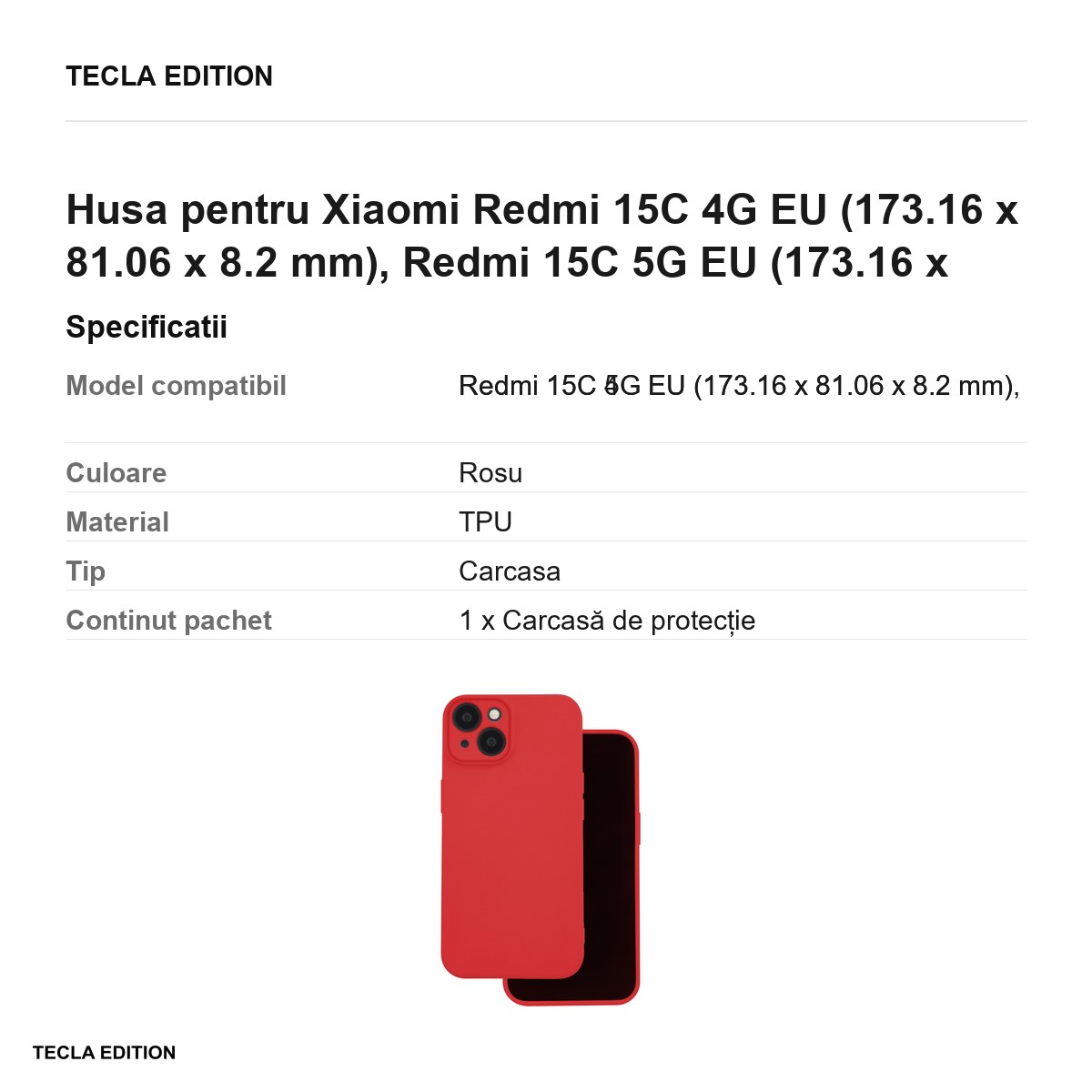 Husa Silicon pentru Xiaomi Redmi 15C 4G EU, Redmi 15C 5G EU, Carcasa, Rosu [3]