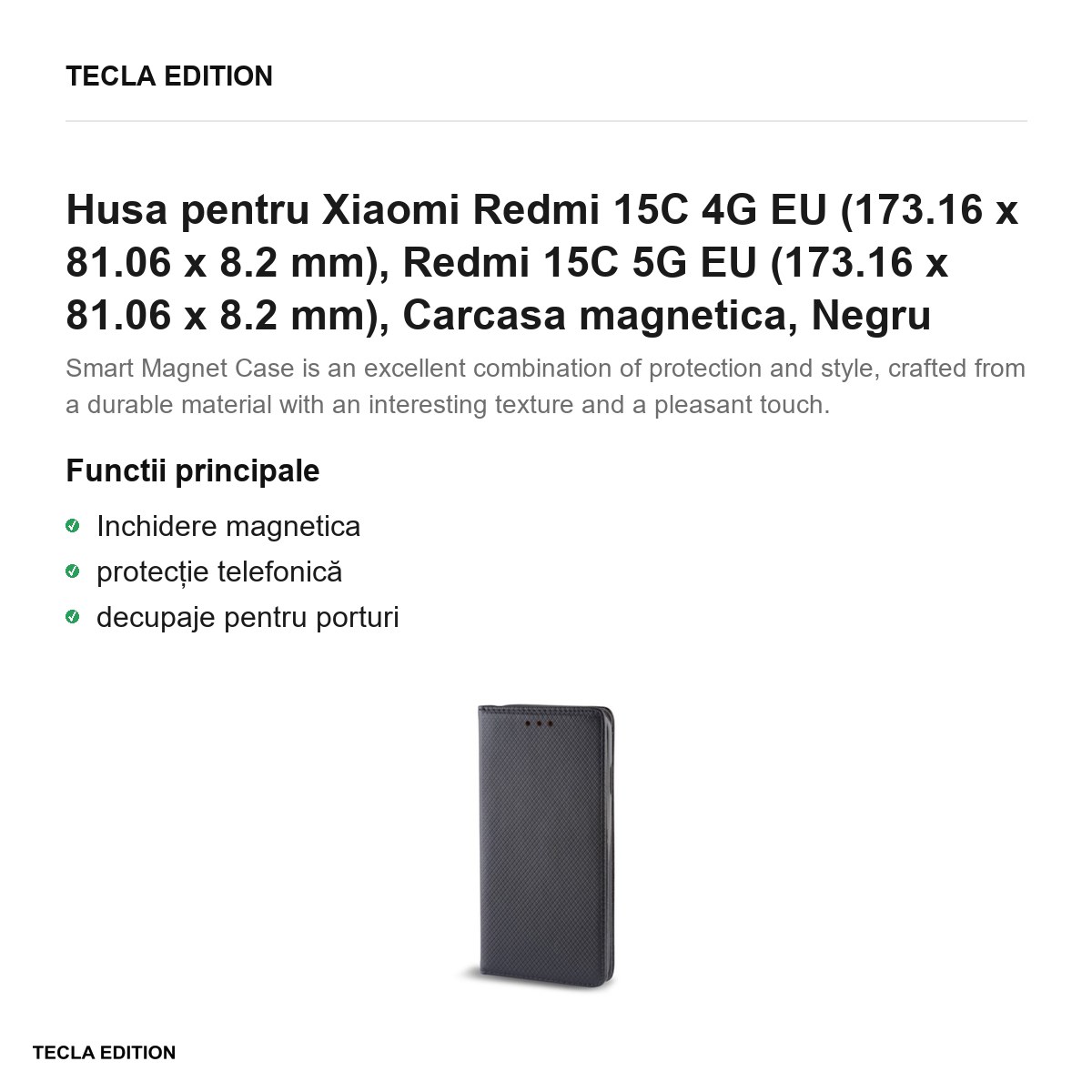 Husa Smart Magnet pentru Xiaomi Redmi 15C 4G EU, Redmi 15C 5G EU, tip carte cu inchidere magnetica, Negru [2]