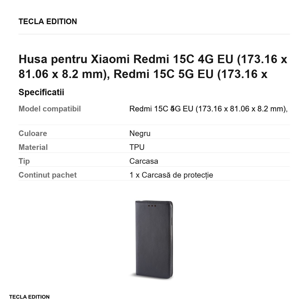 Husa Smart Magnet pentru Xiaomi Redmi 15C 4G EU, Redmi 15C 5G EU, tip carte cu inchidere magnetica, Negru [3]