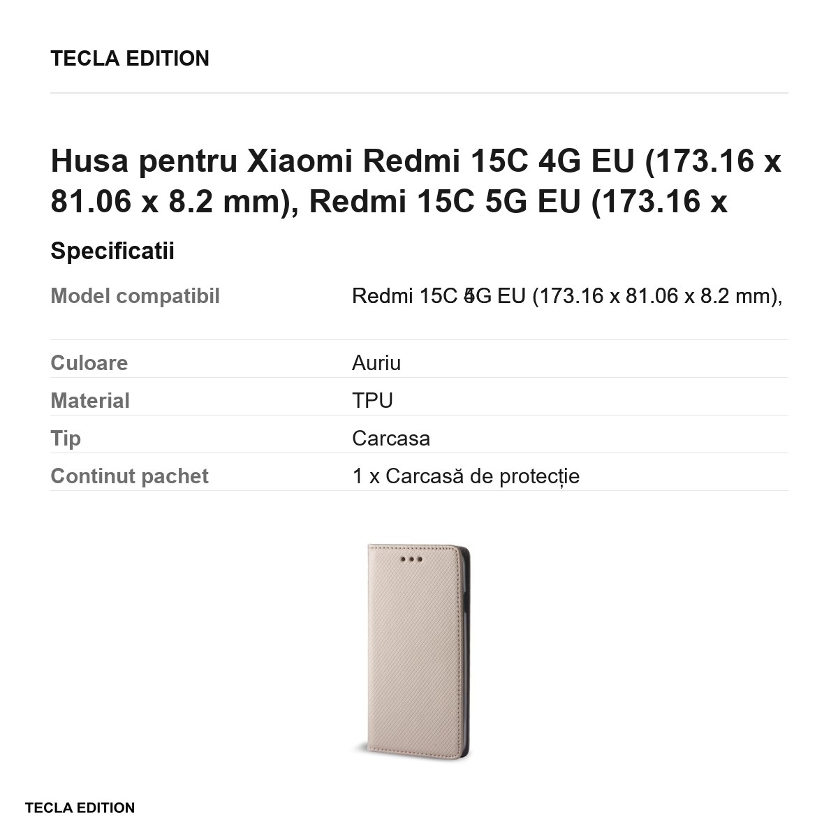 Husa Smart Magnet pentru Xiaomi Redmi 15C 4G EU, Redmi 15C 5G EU, tip carte cu inchidere magnetica, Auriu [3]
