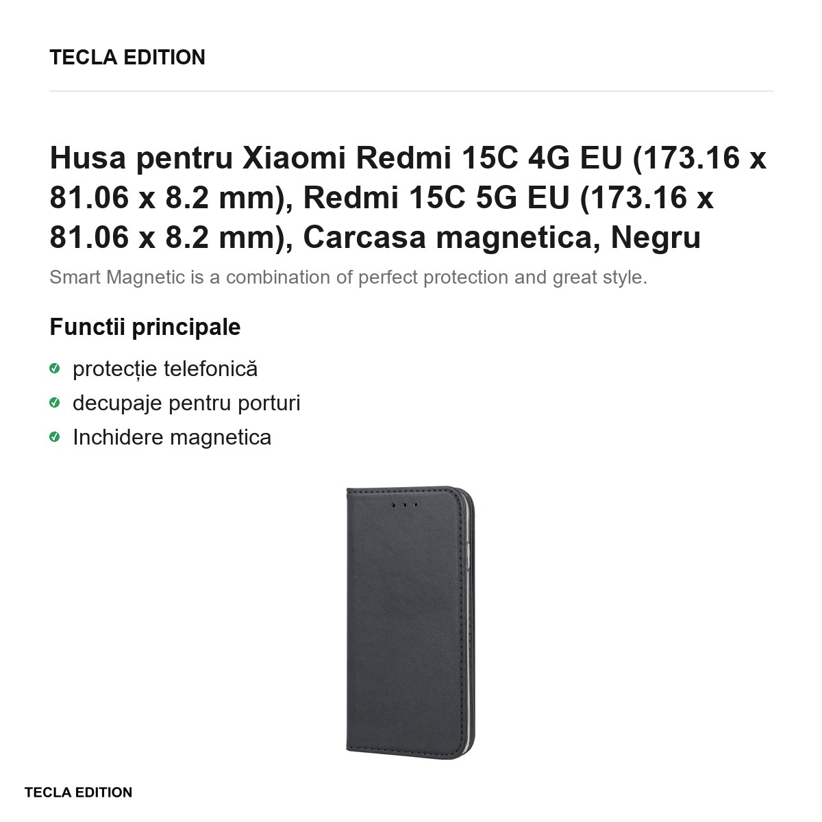 Husa Smart Magnetic pentru Xiaomi Redmi 15C 4G EU, Redmi 15C 5G EU, tip carte cu inchidere magnetica, Negru [2]