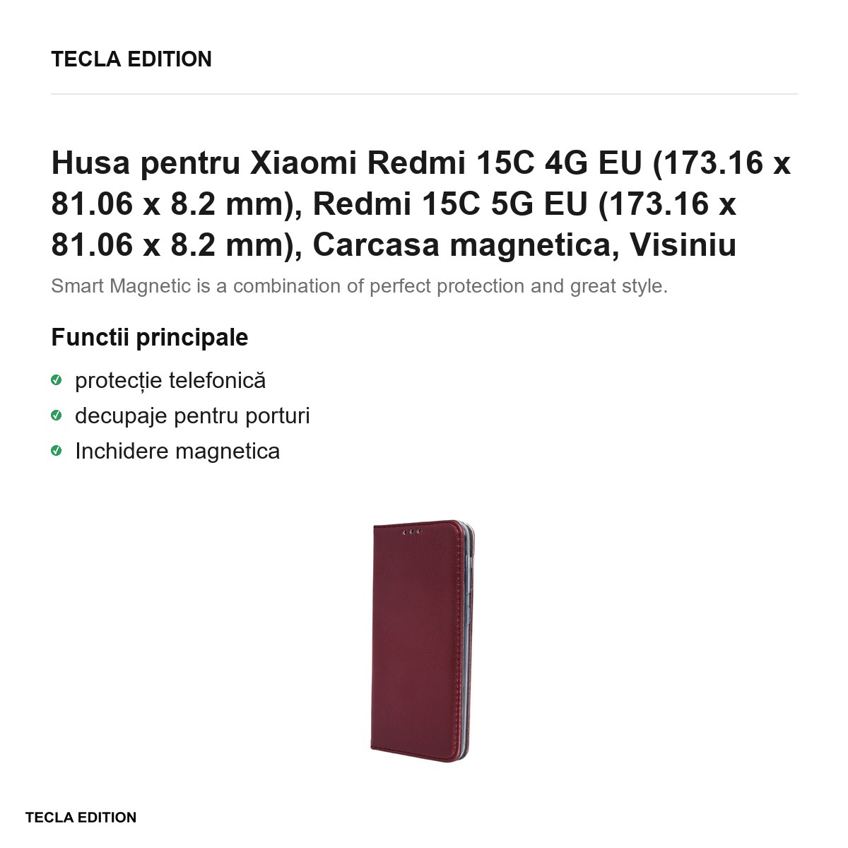 Husa Smart Magnetic pentru Xiaomi Redmi 15C 4G EU, Redmi 15C 5G EU, tip carte cu inchidere magnetica, Visiniu [2]