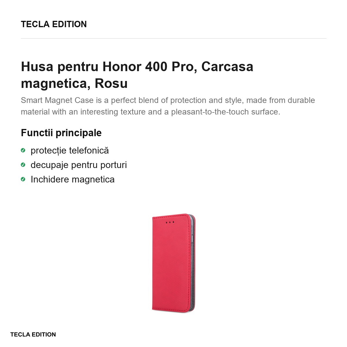 Husa Smart Magnet pentru Honor 400 Pro, tip carte cu inchidere magnetica, Rosu [2]