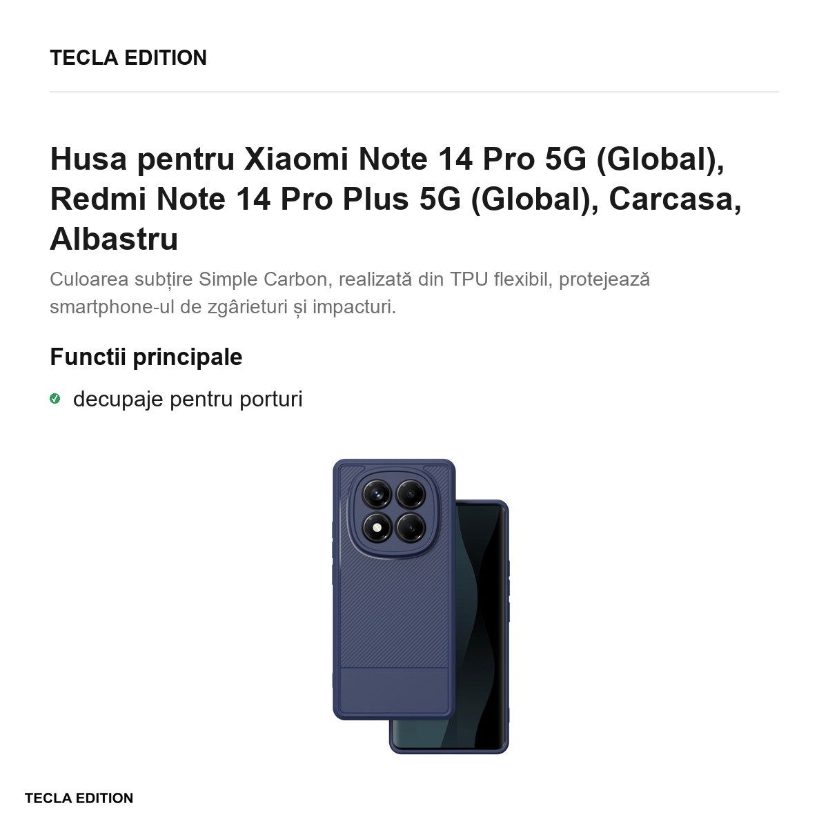 Husa Simple Carbon pentru Xiaomi Note 14 Pro 5G (Global), Redmi Note 14 Pro Plus 5G (Global), Carcasa, Albastru [2]