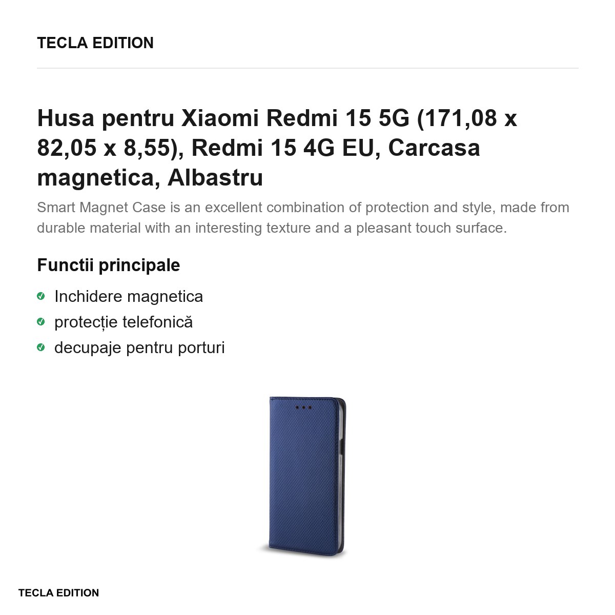 Husa Smart Magnet pentru Xiaomi Redmi 15 5G, Redmi 15 4G EU, tip carte cu inchidere magnetica, Albastru [2]