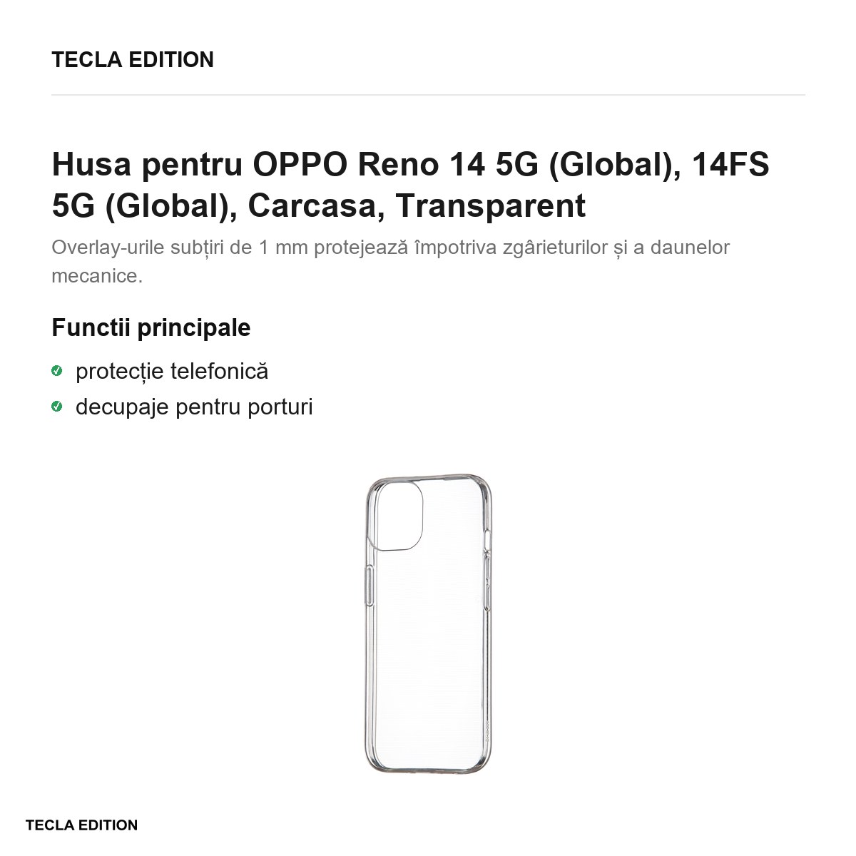 Husa Slim 1 mm pentru OPPO Reno 14 5G (Global), 14FS 5G (Global), Carcasa, Transparent [2]