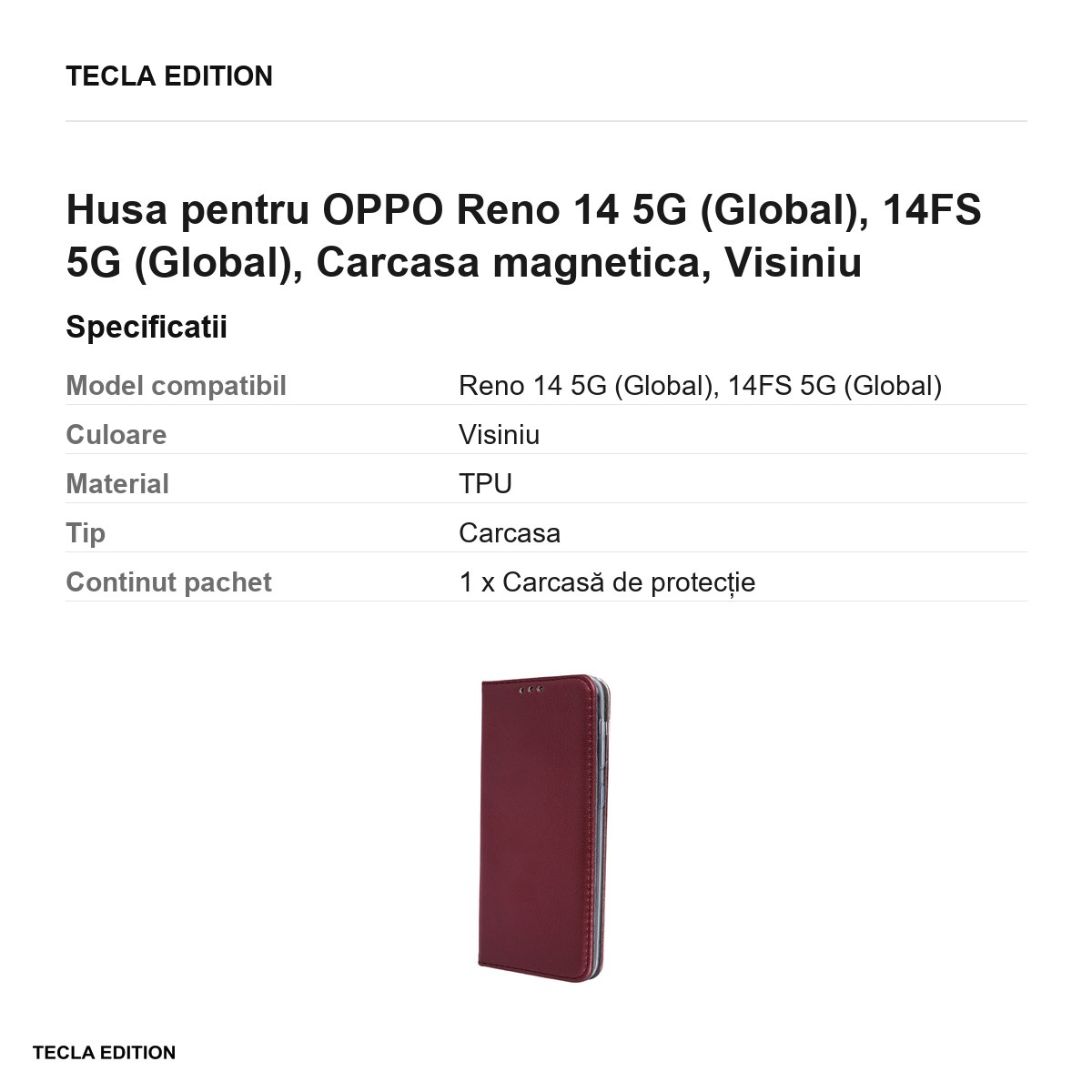 Husa Smart Magnetic pentru OPPO Reno 14 5G (Global), 14FS 5G (Global), tip carte cu inchidere magnetica, Visiniu [3]