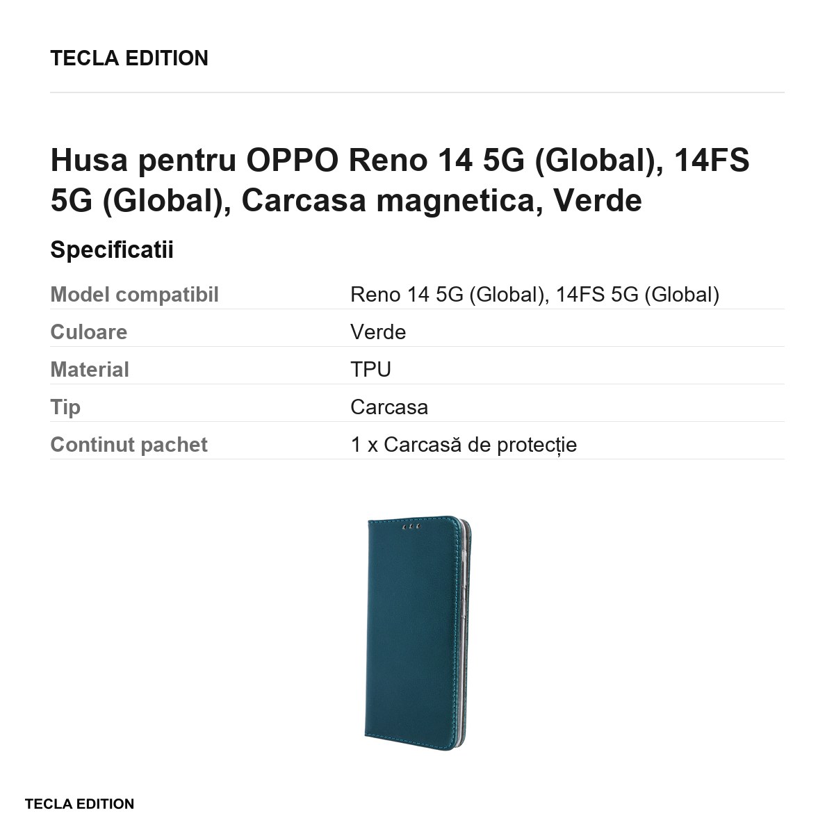 Husa Smart Magnetic pentru OPPO Reno 14 5G (Global), 14FS 5G (Global), tip carte cu inchidere magnetica, Verde [3]