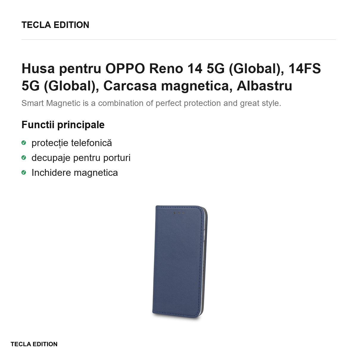 Husa Smart Magnetic pentru OPPO Reno 14 5G (Global), 14FS 5G (Global), tip carte cu inchidere magnetica, Albastru [2]