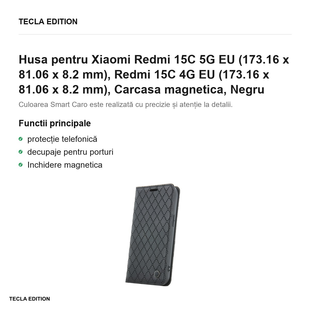 Husa Smart Caro pentru Xiaomi Redmi 15C 5G EU, Redmi 15C 4G EU, tip carte cu inchidere magnetica, Negru [2]