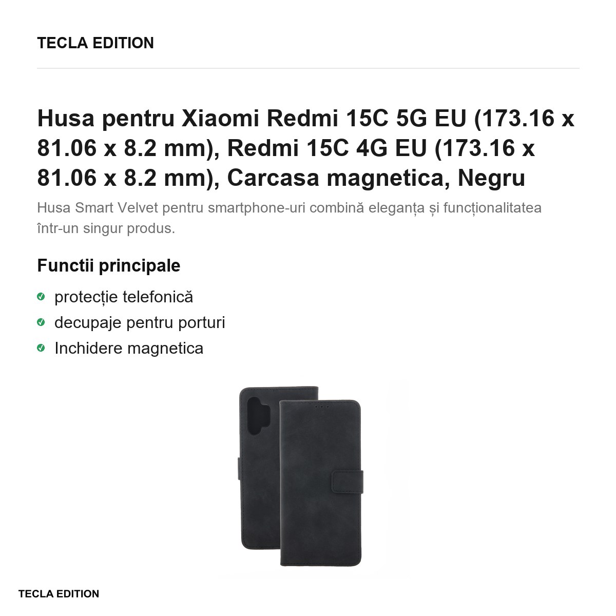 Husa Smart Velvet pentru Xiaomi Redmi 15C 5G EU, Redmi 15C 4G EU, tip carte cu inchidere magnetica, Negru [2]