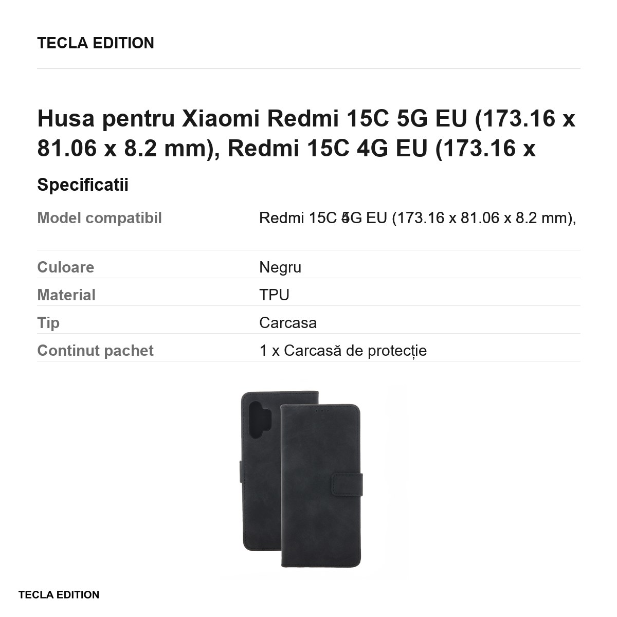 Husa Smart Velvet pentru Xiaomi Redmi 15C 5G EU, Redmi 15C 4G EU, tip carte cu inchidere magnetica, Negru [3]