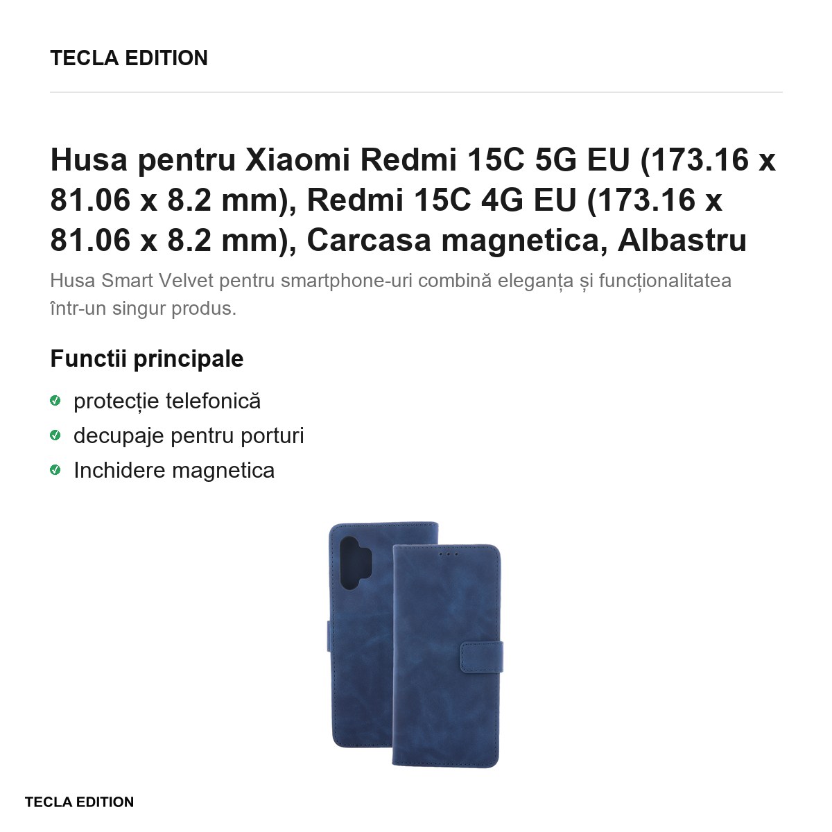 Husa Smart Velvet pentru Xiaomi Redmi 15C 5G EU, Redmi 15C 4G EU, tip carte cu inchidere magnetica, Albastru [2]