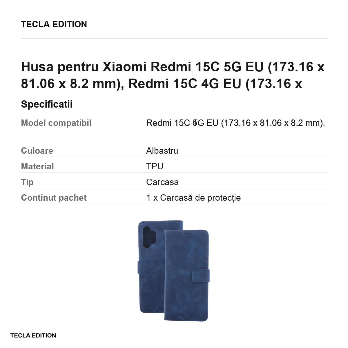 Husa Smart Velvet pentru Xiaomi Redmi 15C 5G EU, Redmi 15C 4G EU, tip carte cu inchidere magnetica, Albastru [3]