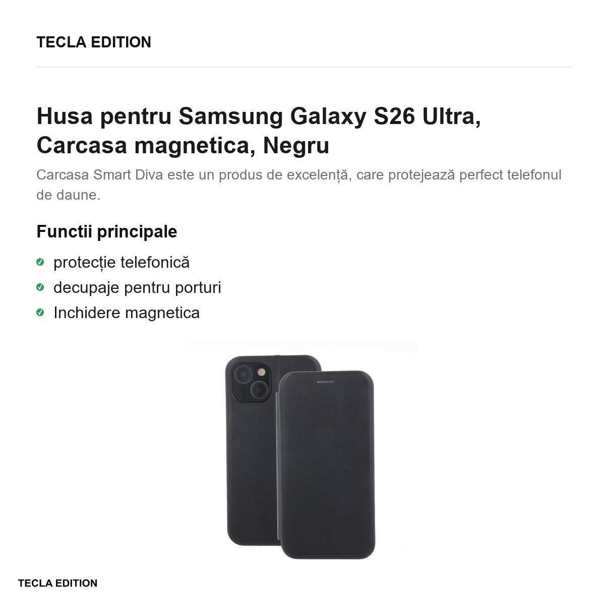 Husa Smart Diva pentru Samsung Galaxy S26 Ultra, tip carte cu inchidere magnetica, Negru [2]