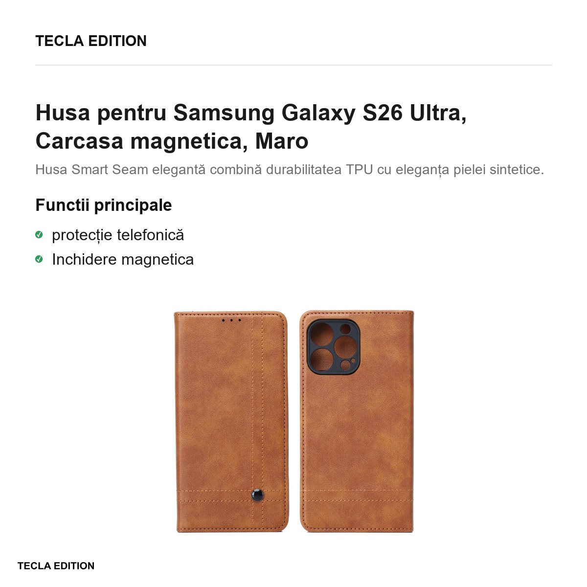 Husa Smart Seam pentru Samsung Galaxy S26 Ultra, tip carte cu inchidere magnetica, Maro [2]