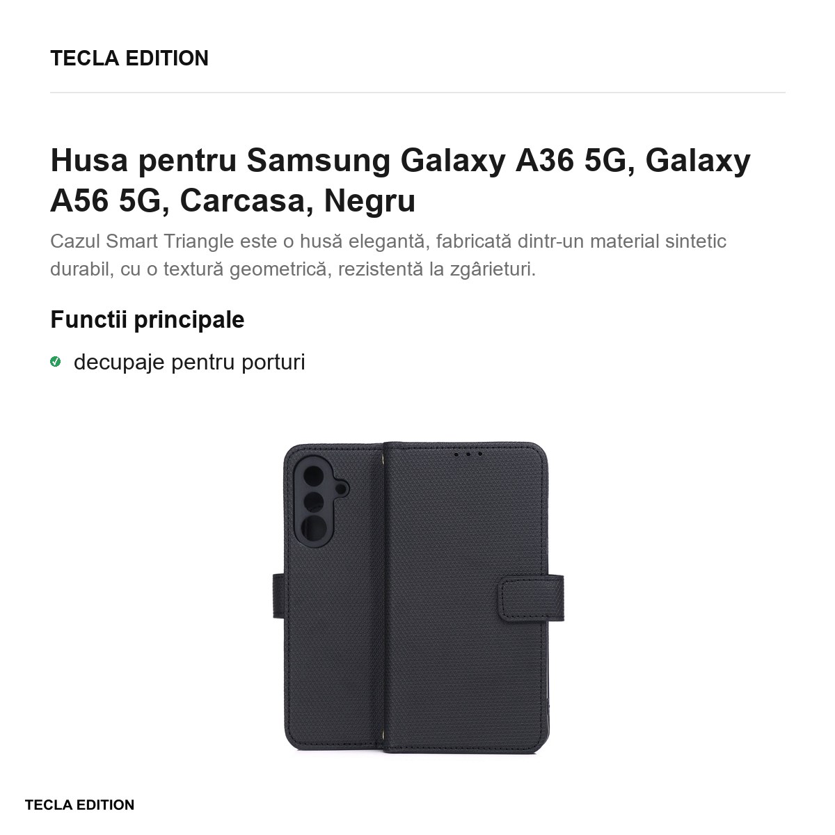 Husa Smart Triangle pentru Samsung Galaxy A36 5G, Galaxy A56 5G, tip carte, Negru [2]