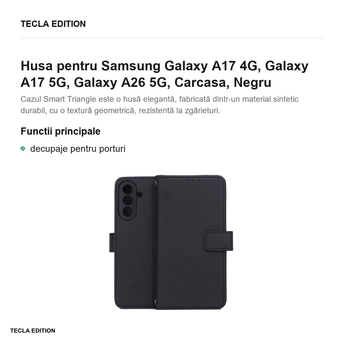 Husa Smart Triangle pentru Samsung Galaxy A17 4G, Galaxy A17 5G, Galaxy A26 5G, tip carte, Negru [2]